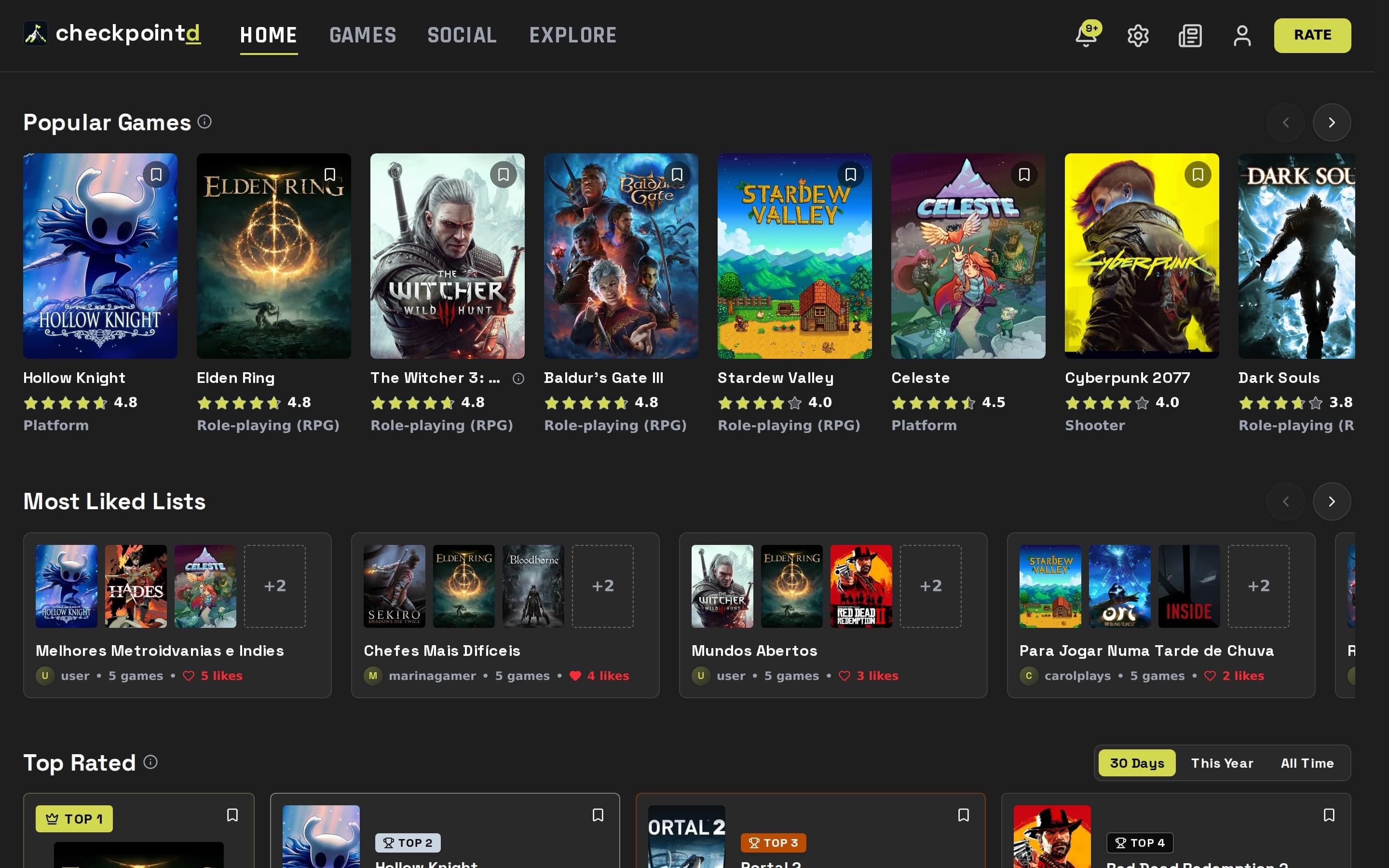 The home page brings together popular games, the most liked lists, upcoming releases and the community's top rated games.