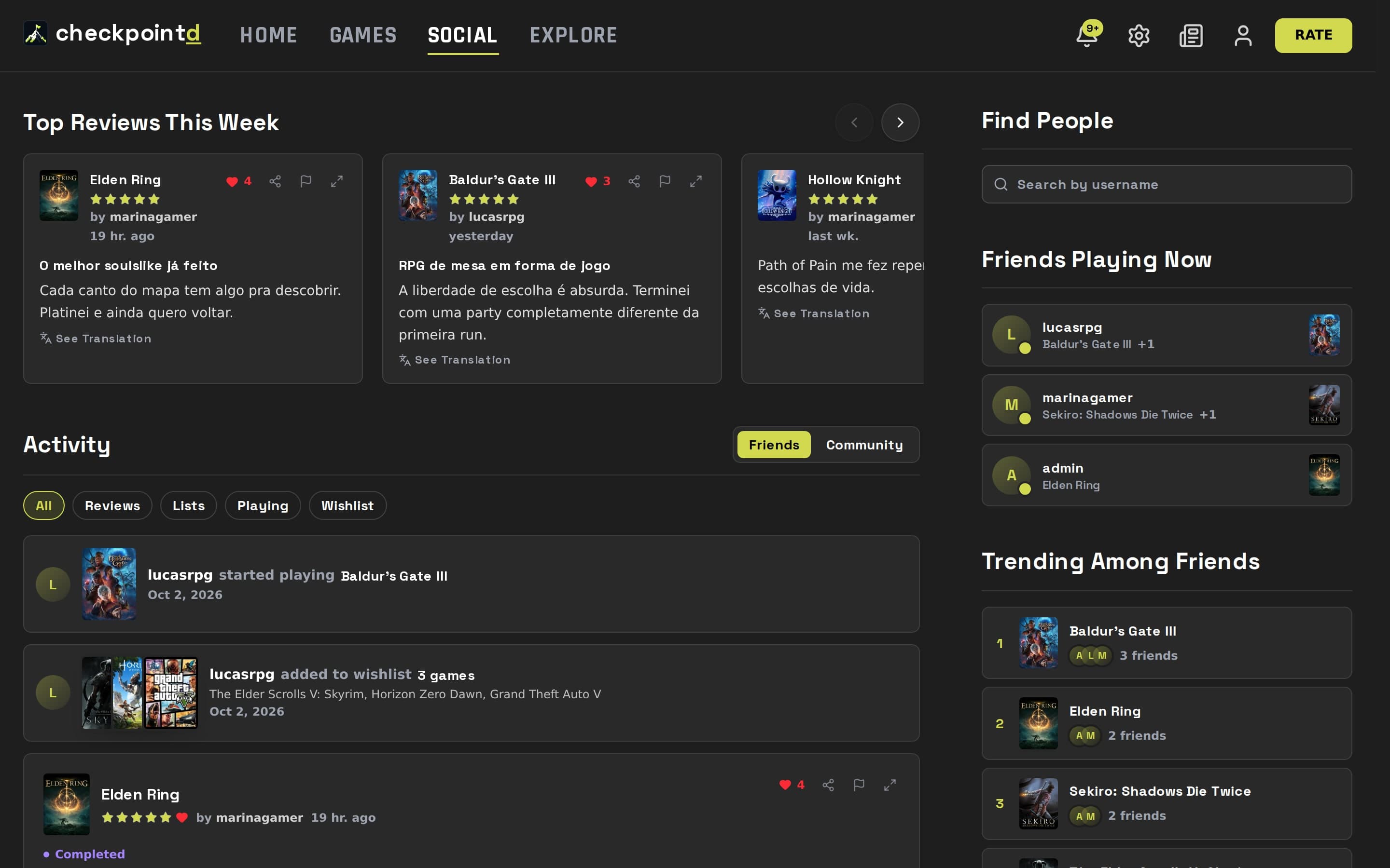 The Social tab brings together your friends' activity, top reviews and who's playing right now.
