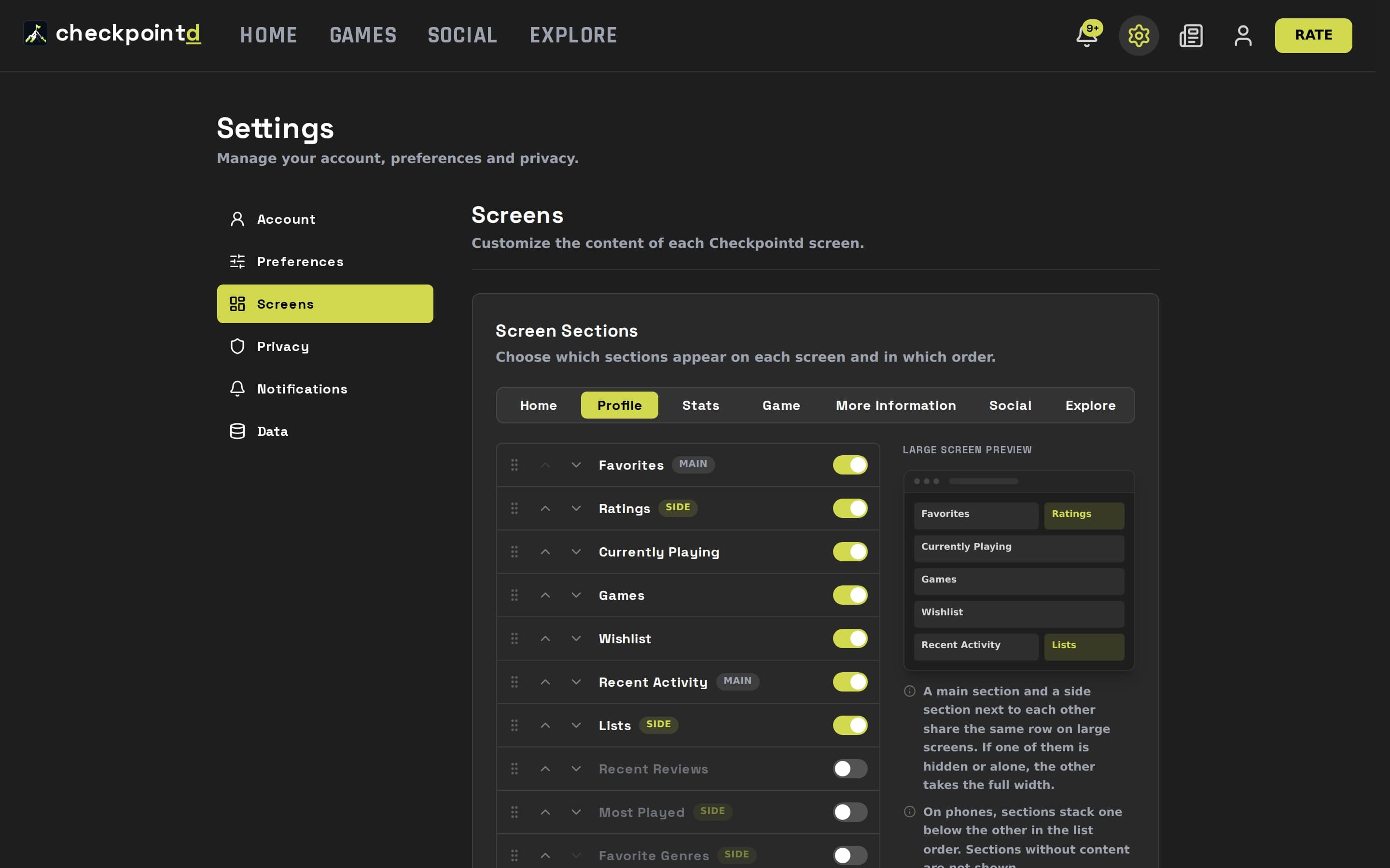 In Settings › Screens you toggle and reorder the sections of each screen, with a preview of how it will look.