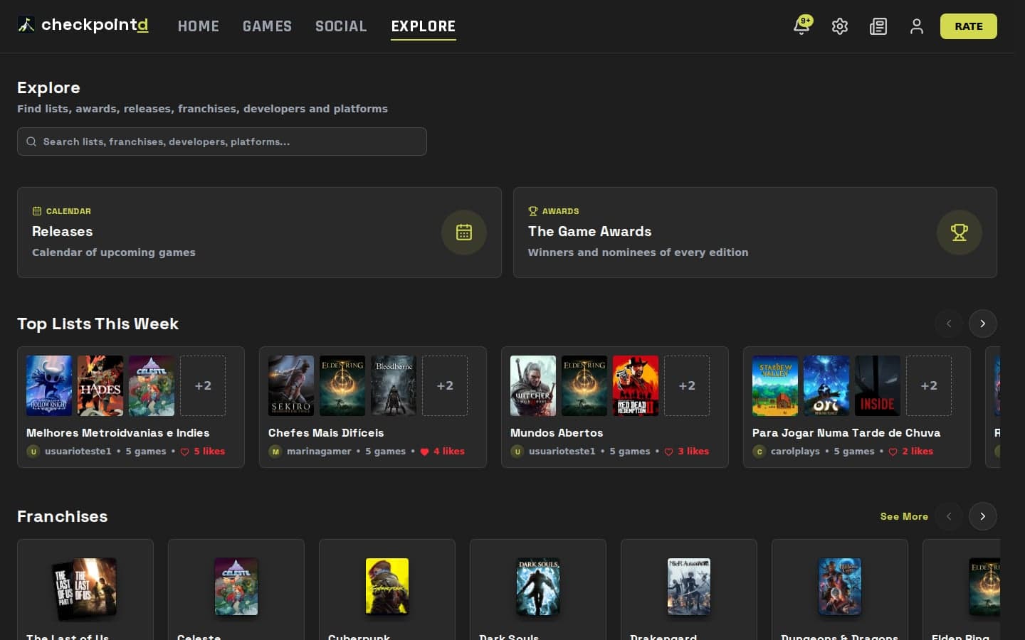 In Explore you'll find trending lists, franchises, developers, platforms and shortcuts to releases and awards.