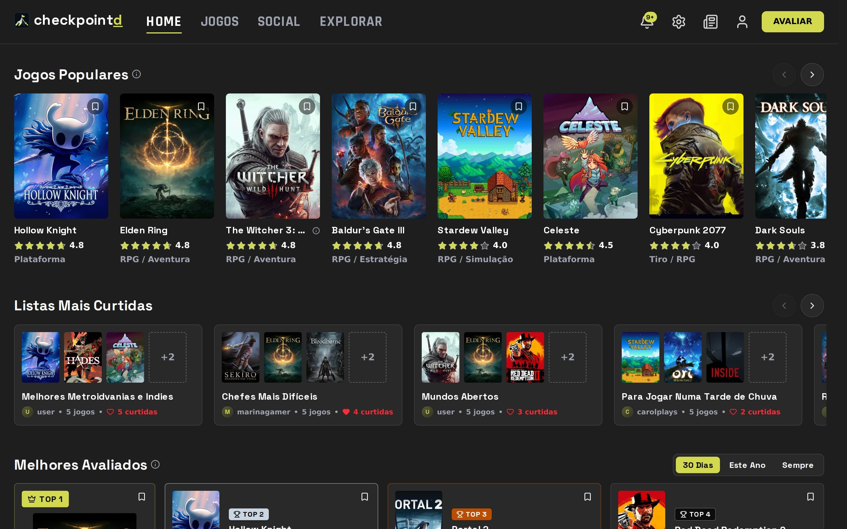 A home reúne jogos populares, listas mais curtidas, próximos lançamentos e os jogos mais bem avaliados pela comunidade.