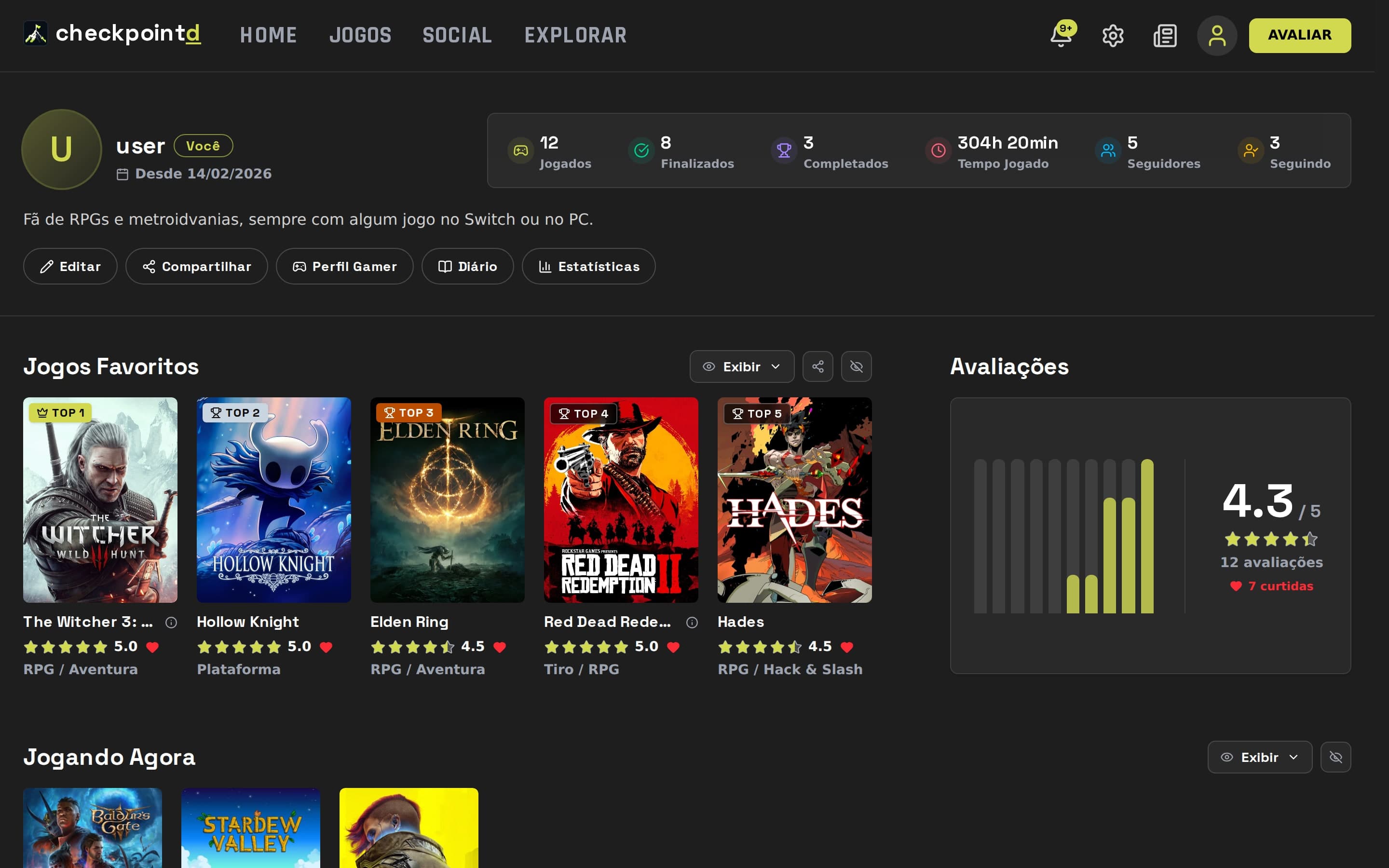No perfil ficam seus favoritos, o que você está jogando, suas avaliações e números como horas jogadas e jogos finalizados.