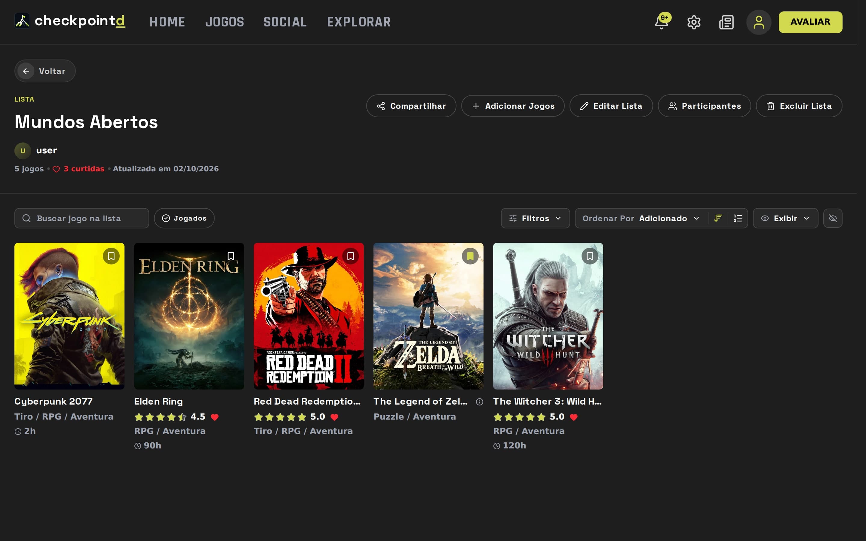 Listas ordenadas mostram a posição de cada jogo e quantos deles você já jogou.